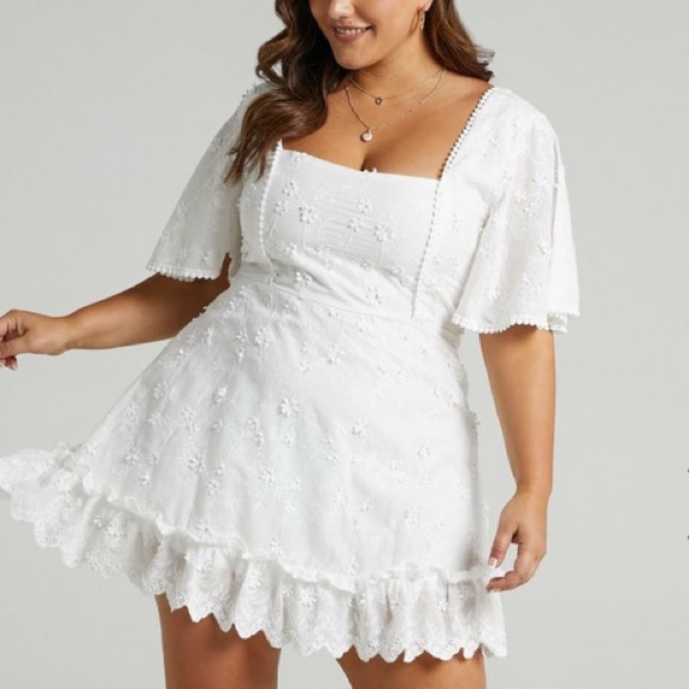 showpo FANCY A SPRITZ MINI DRESS - SQUARE NECK DRESS IN WHITE EMBROIDERY